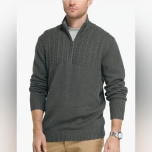 Izod Men's Newport Quarter Zip Cable Knit Pullover Sweater, Grey ,Size Large